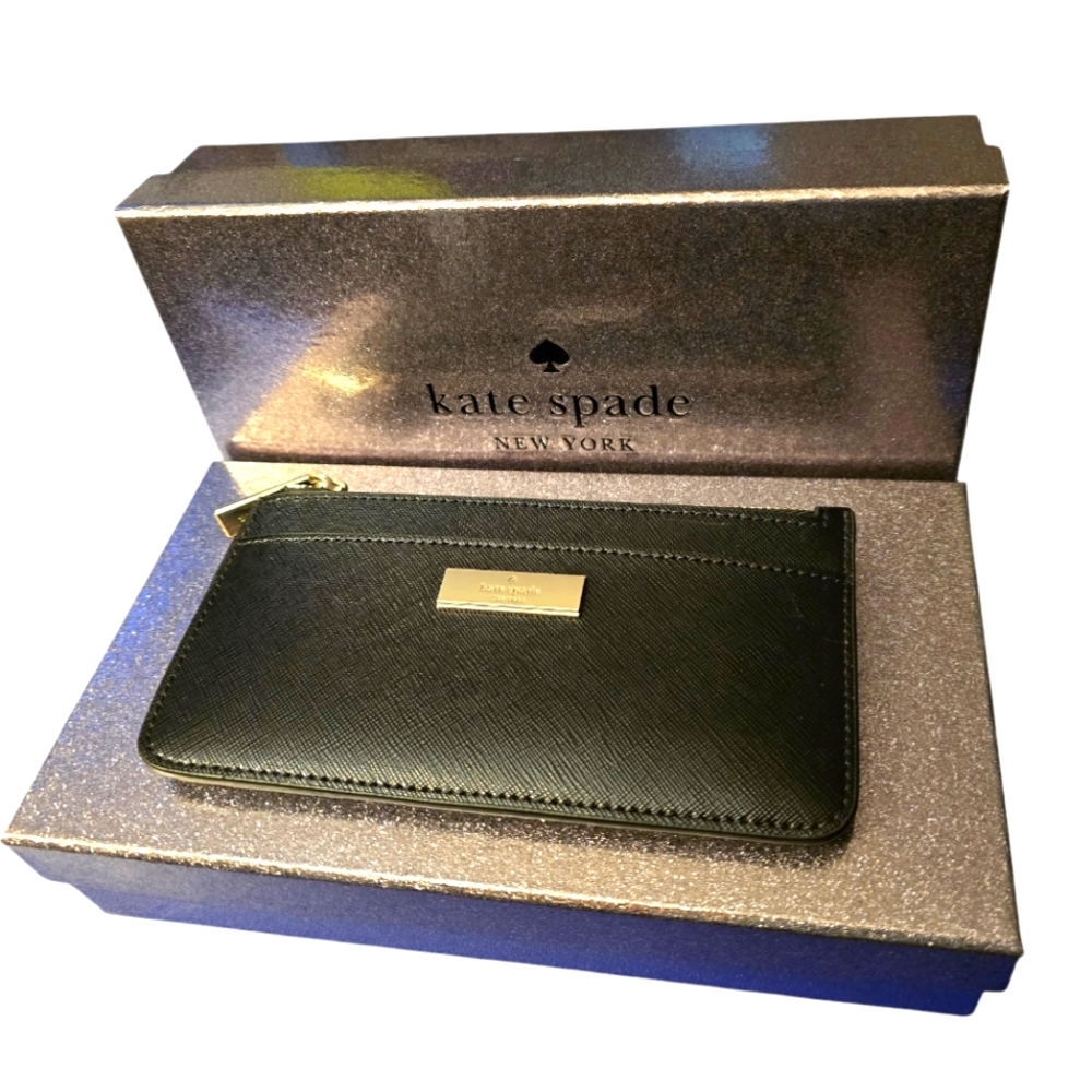 Kate Spade New York Large Kenzie Black Patent Saffiano Slim Card Holder